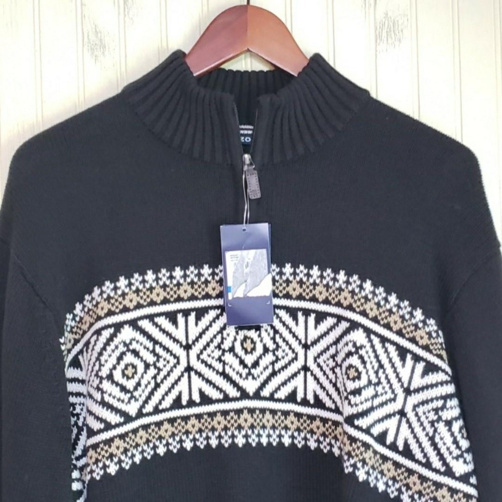 IZOD Sweater Mens 2XL Black Fair Isle 1/4 Zip Mock Neck Knit Pullover Winter‎